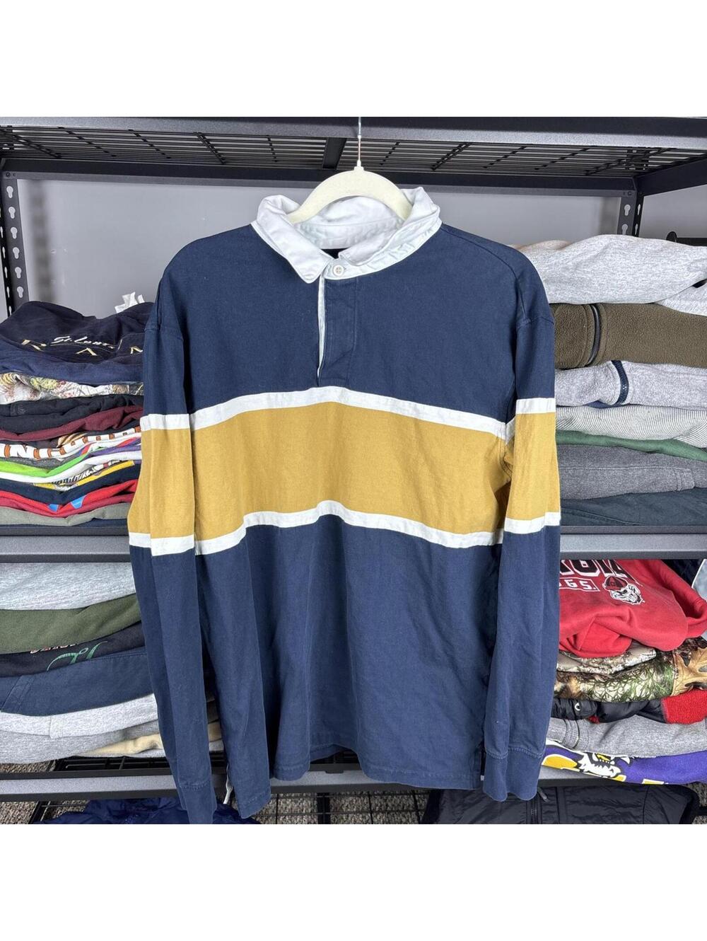 Goodfellow & Co Rugby Polo Shirt Navy Mustard Stripe Long Sleeve Men's L